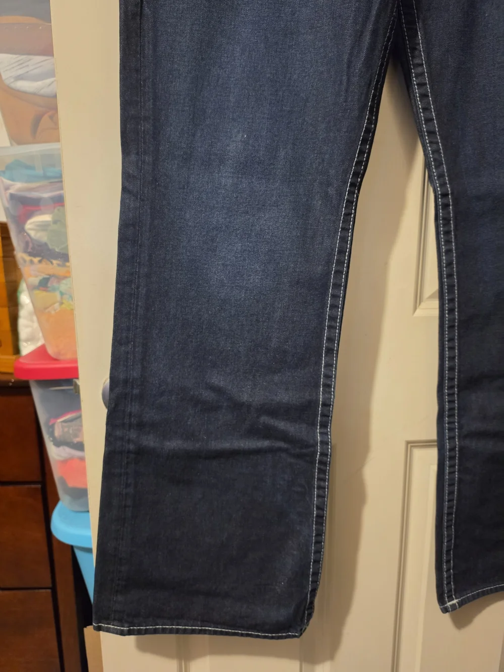 True Religion Men’s Dark Blue Bootcut Jeans with Contrast Stitching
